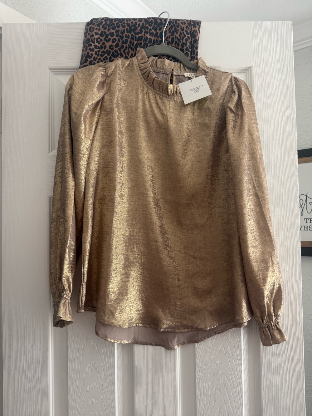 Shimmery Gold Long-Sleeve Ruffle-Neck Blouse